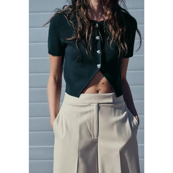 ZARA Black Gray Knit Cropped Cardigan Whimsigoth Grunge Woman’s Size Medium NWT - Picture 1 of 9